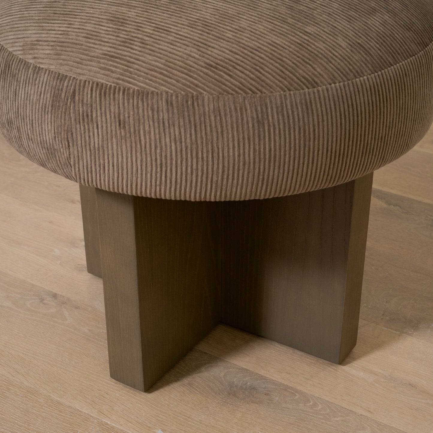 As Shown: 21"Dia x 19"H | Fabric: Mila Driftwood | Material: Solid & Engineered Oak | Finish: Chestnut