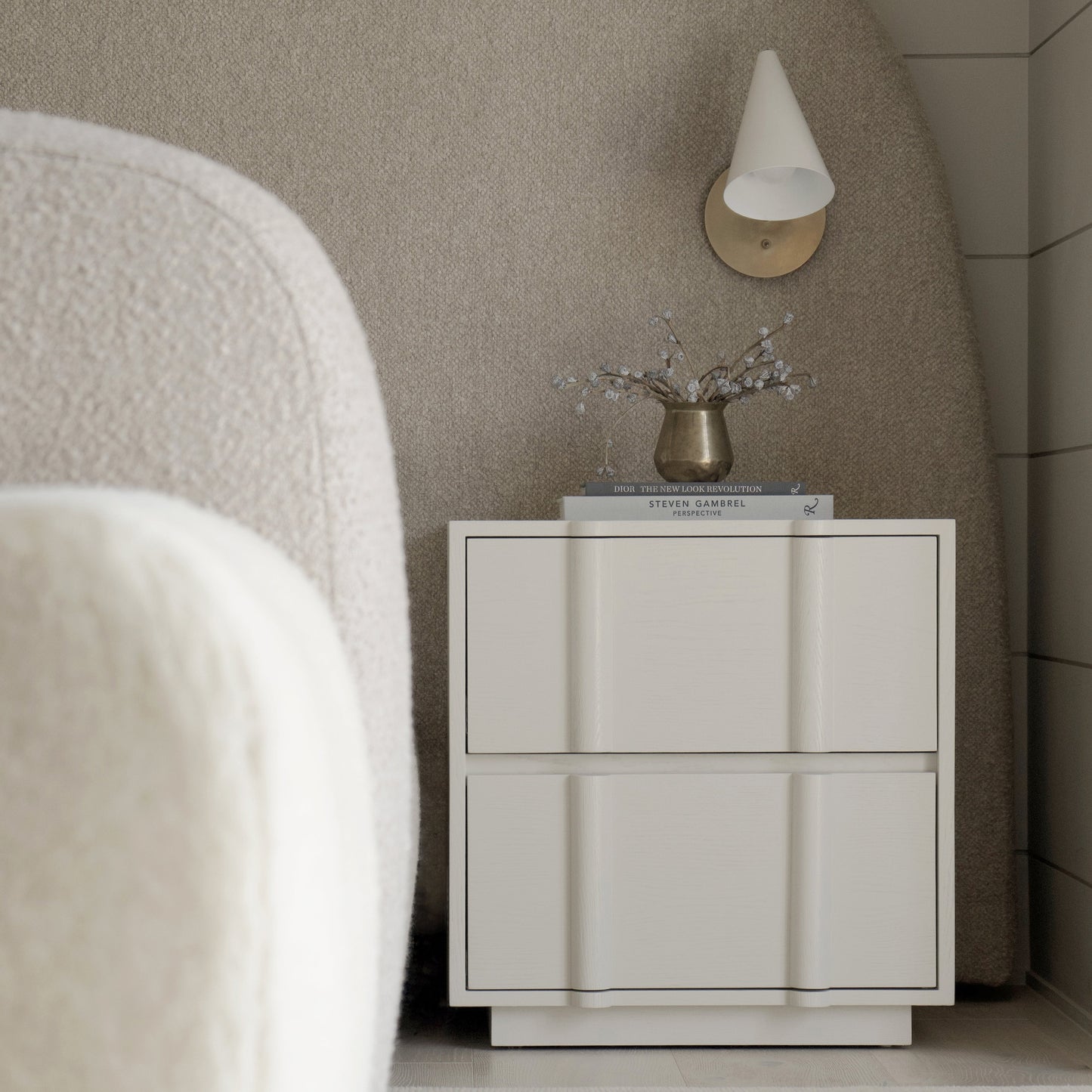 As Shown: 24"L x 20"D x 25"H | Material: Solid Ash | Finish: Wire Brushed Painted EdgeComb Grey