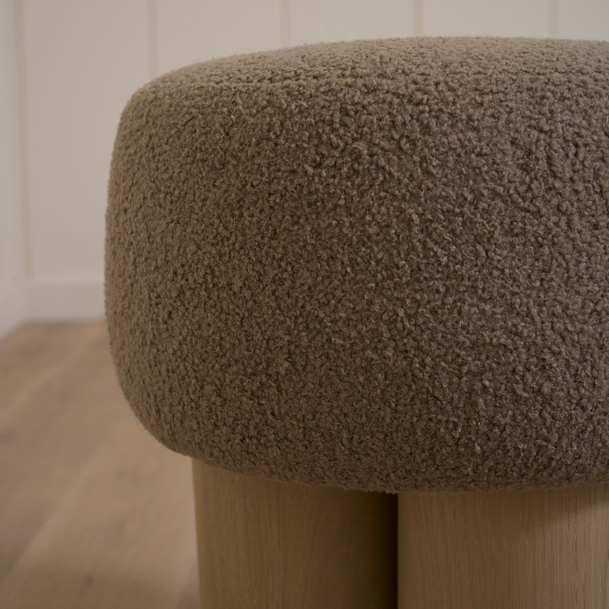 As Shown: 17"Dia x 18.5"H | Fabric: Peak Cocoa | Material: Solid & Engineered Oak | Finish: Sand