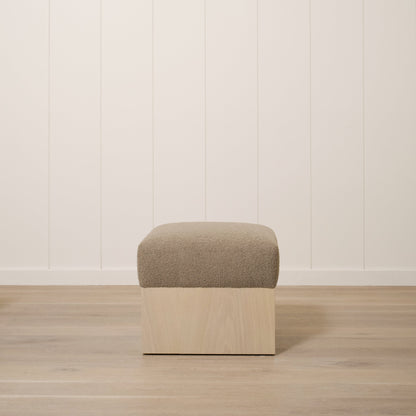 As Shown: 21"L x 21"D x 18"H | Fabric: Peak Cocoa | Material: Solid & Engineered Oak | Finish: Sand