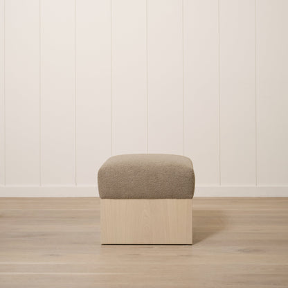 As Shown: 21"L x 21"D x 18"H | Fabric: Peak Cocoa | Material: Solid & Engineered Oak | Finish: Sand