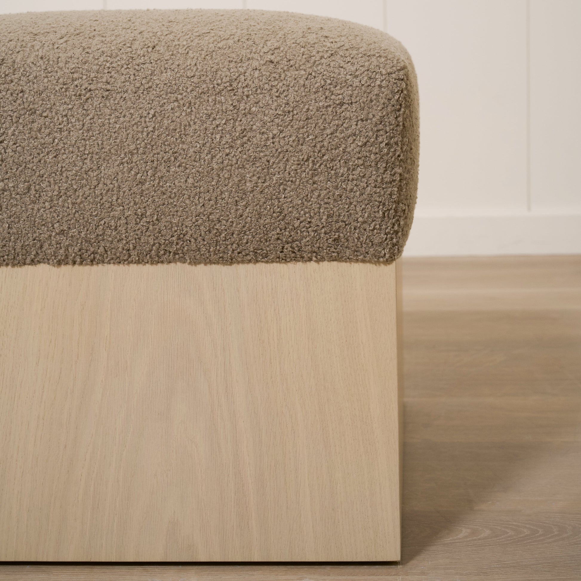 As Shown: 21"L x 21"D x 18"H | Fabric: Peak Cocoa | Material: Solid & Engineered Oak | Finish: Sand