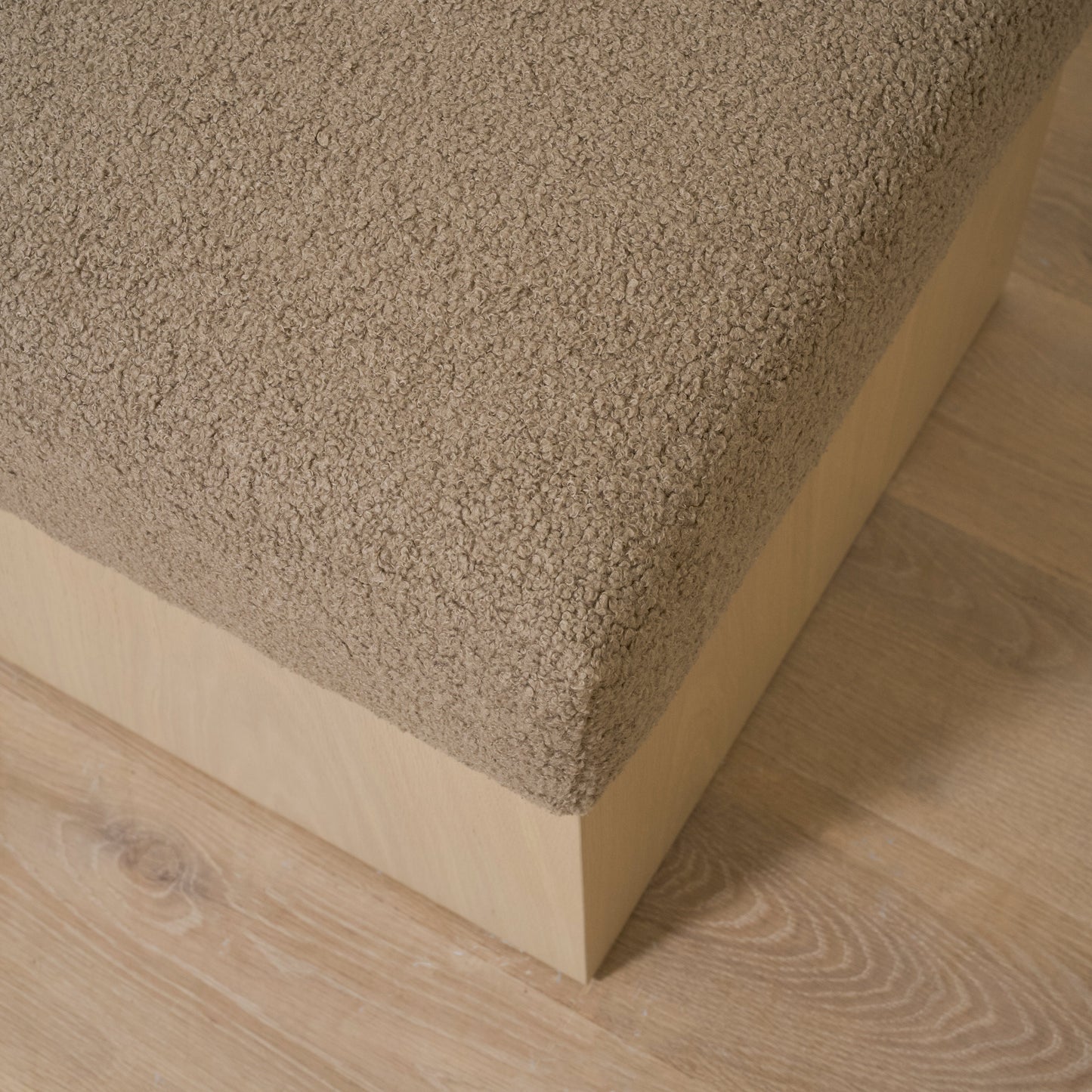 As Shown: 21"L x 21"D x 18"H | Fabric: Peak Cocoa | Material: Solid & Engineered Oak | Finish: Sand