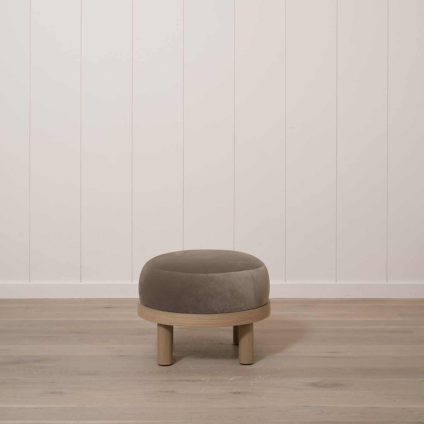 As Shown: 23"Dia x 17"H | Fabric: Sky Taupe | Material: Solid & Engineered Oak | Finish: Hazel