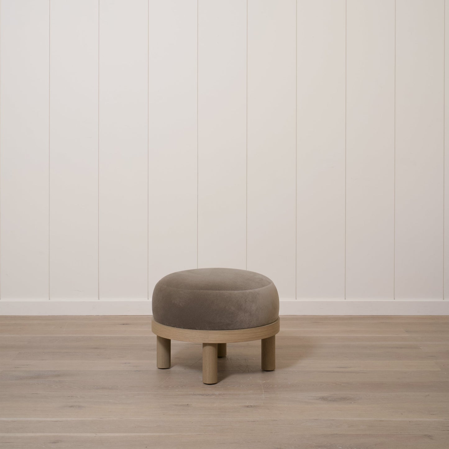 As Shown: 23"Dia x 17"H | Fabric: Sky Taupe | Material: Solid & Engineered Oak | Finish: Hazel