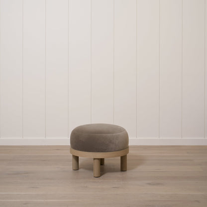 As Shown: 23"Dia x 17"H | Fabric: Sky Taupe | Material: Solid & Engineered Oak | Finish: Hazel