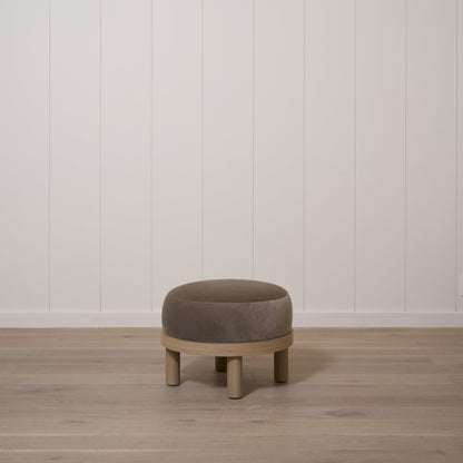 As Shown: 23"Dia x 17"H | Fabric: Sky Taupe | Material: Solid & Engineered Oak | Finish: Hazel