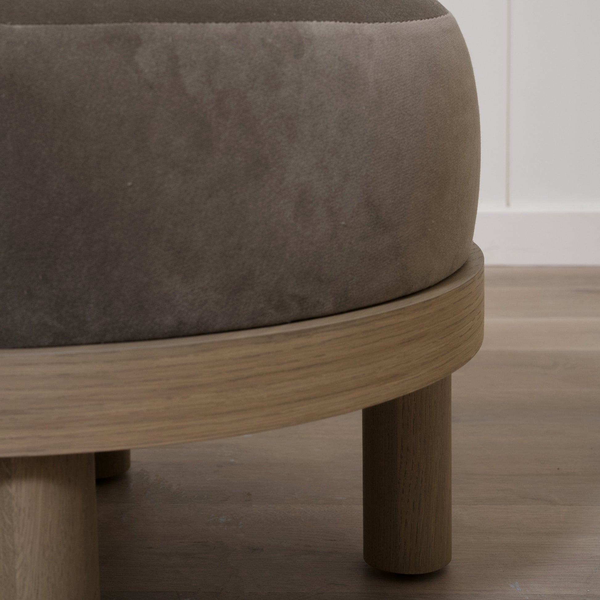 As Shown: 23"Dia x 17"H | Fabric: Sky Taupe | Material: Solid & Engineered Oak | Finish: Hazel