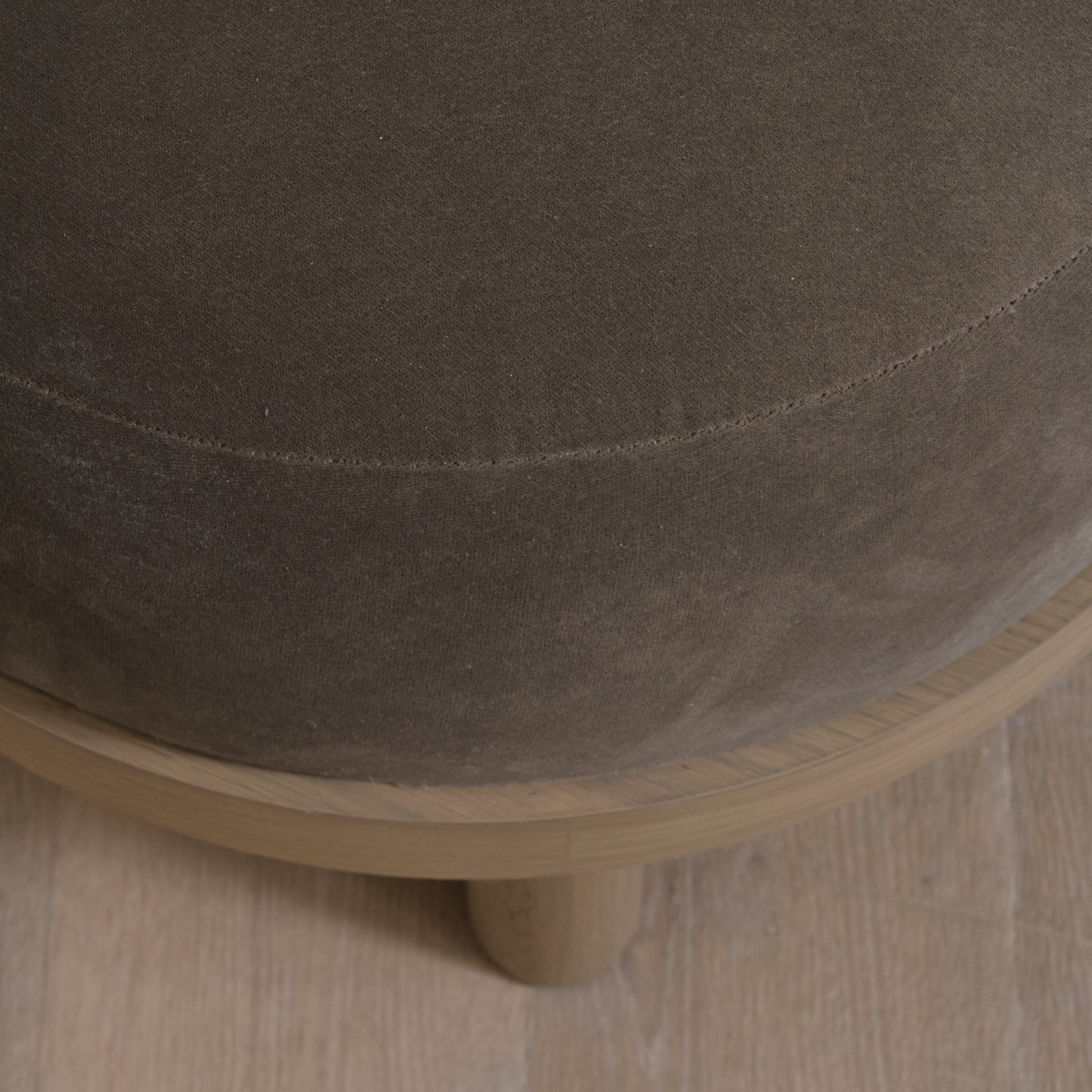 As Shown: 23"Dia x 17"H | Fabric: Sky Taupe | Material: Solid & Engineered Oak | Finish: Hazel