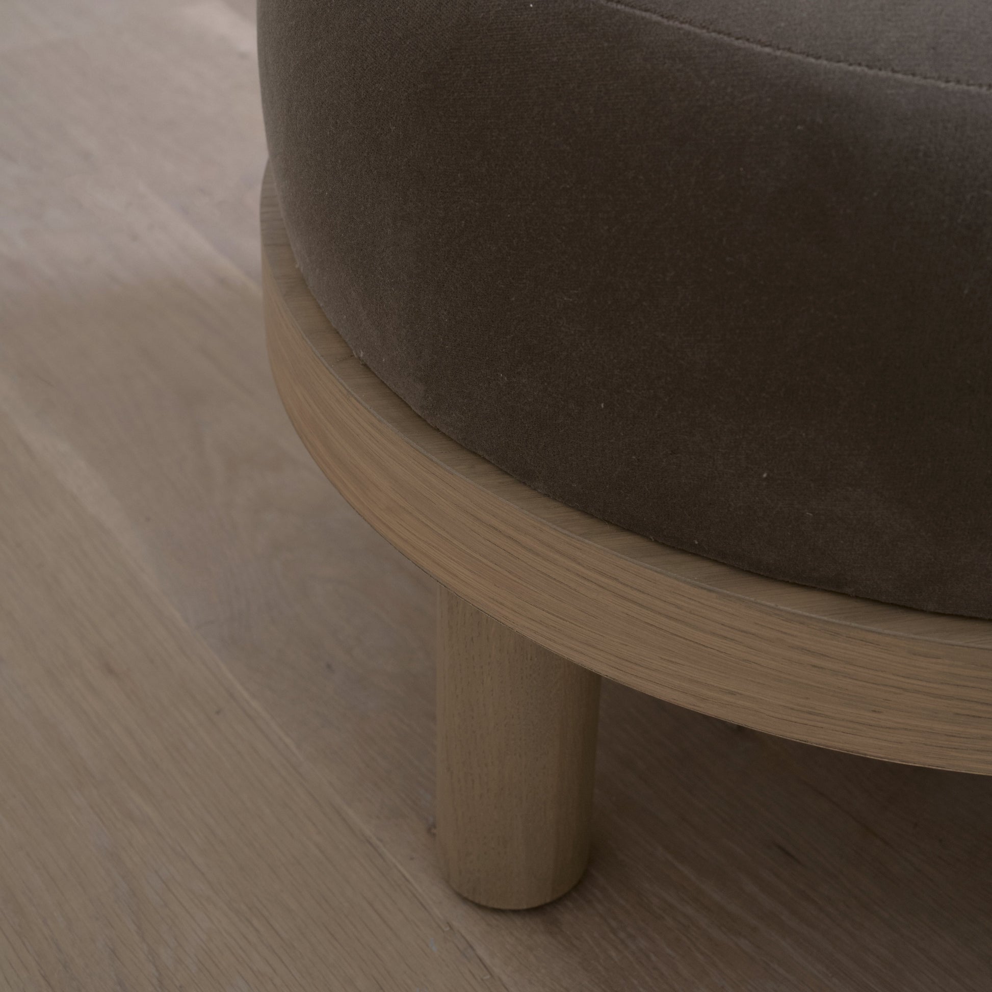 As Shown: 23"Dia x 17"H | Fabric: Sky Taupe | Material: Solid & Engineered Oak | Finish: Hazel