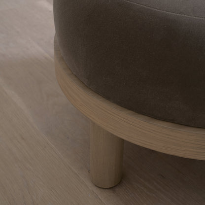 As Shown: 23"Dia x 17"H | Fabric: Sky Taupe | Material: Solid & Engineered Oak | Finish: Hazel