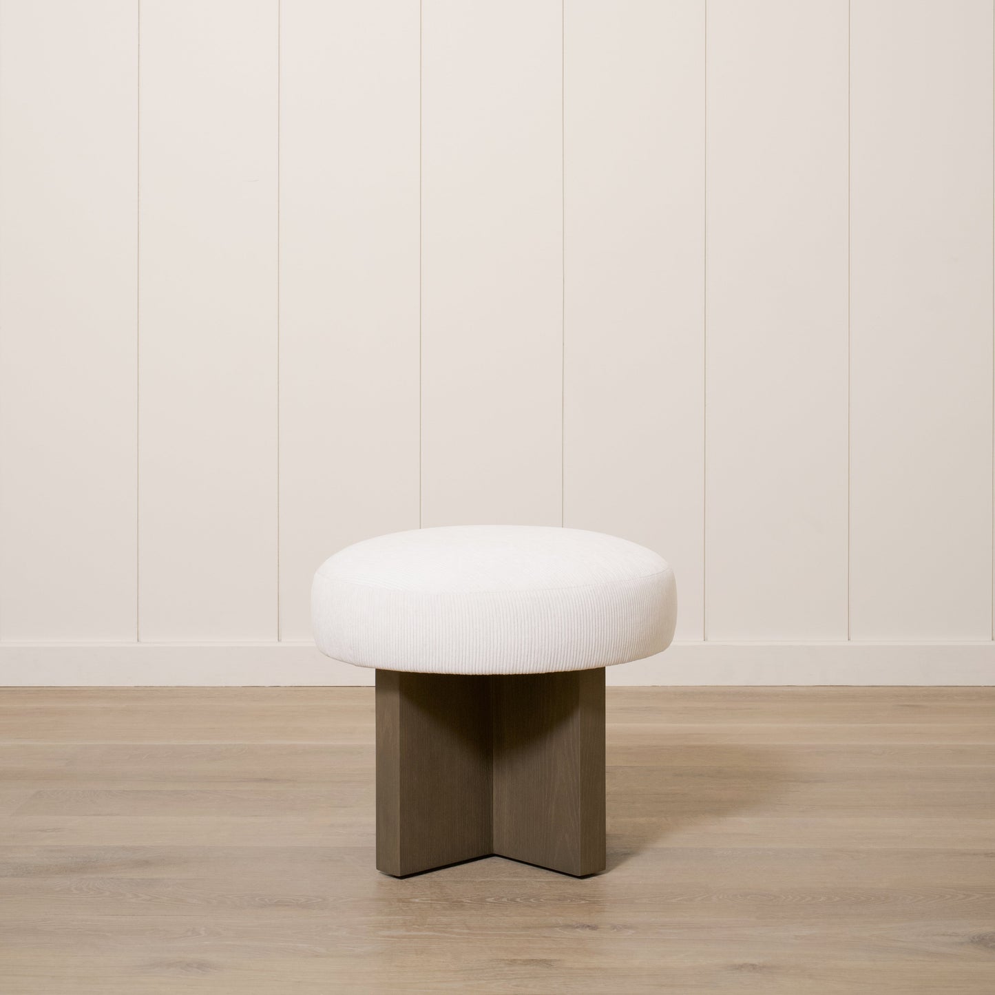 As Shown: 21"Dia x 19"H | Fabric: Mila Sugar | Material: Solid & Engineered Oak | Finish: Chestnut