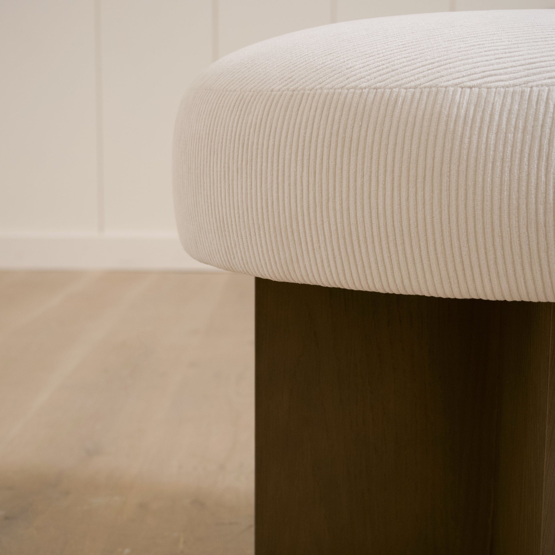 As Shown: 21"Dia x 19"H | Fabric: Mila Sugar | Material: Solid & Engineered Oak | Finish: Chestnut