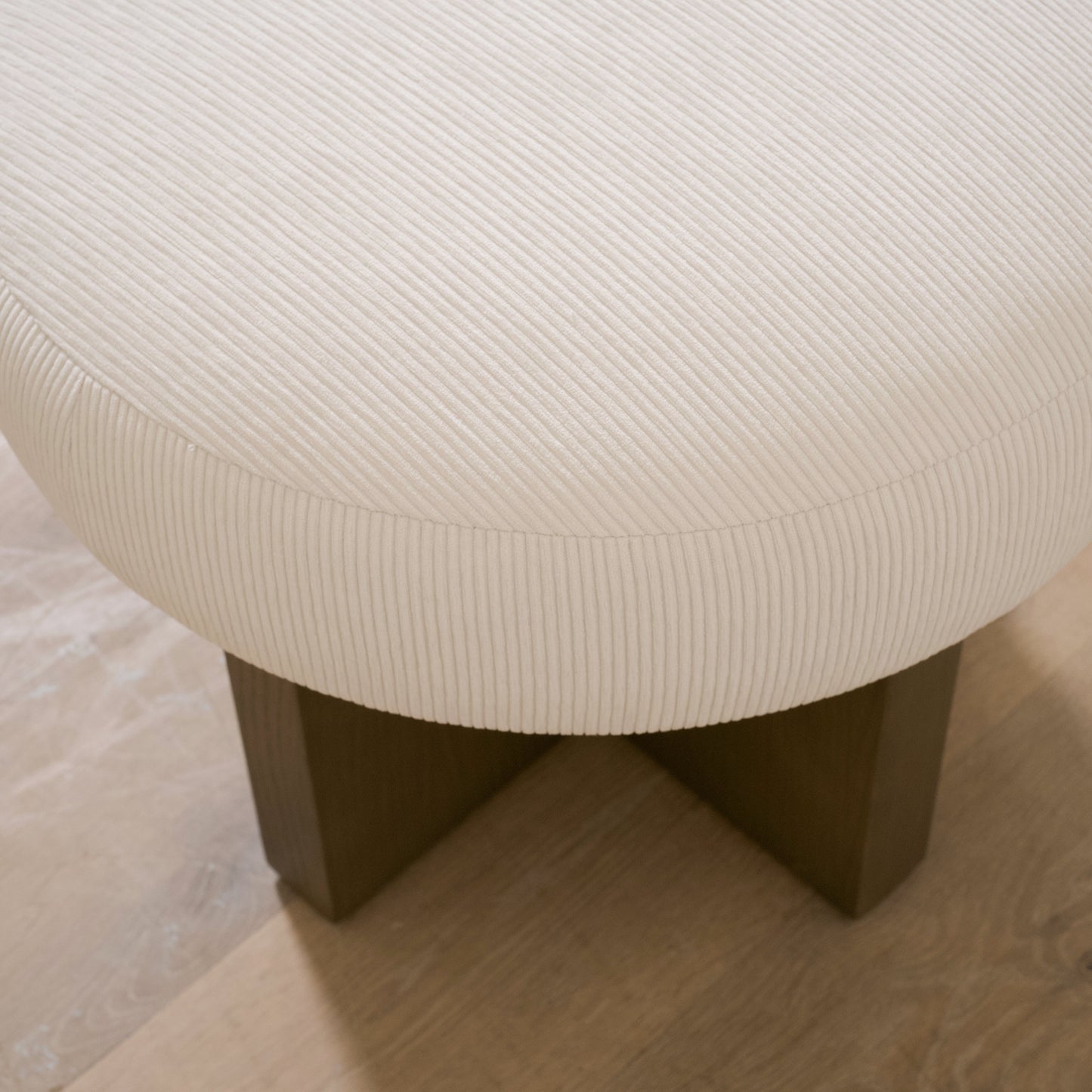 As Shown: 21"Dia x 19"H | Fabric: Mila Sugar | Material: Solid & Engineered Oak | Finish: Chestnut