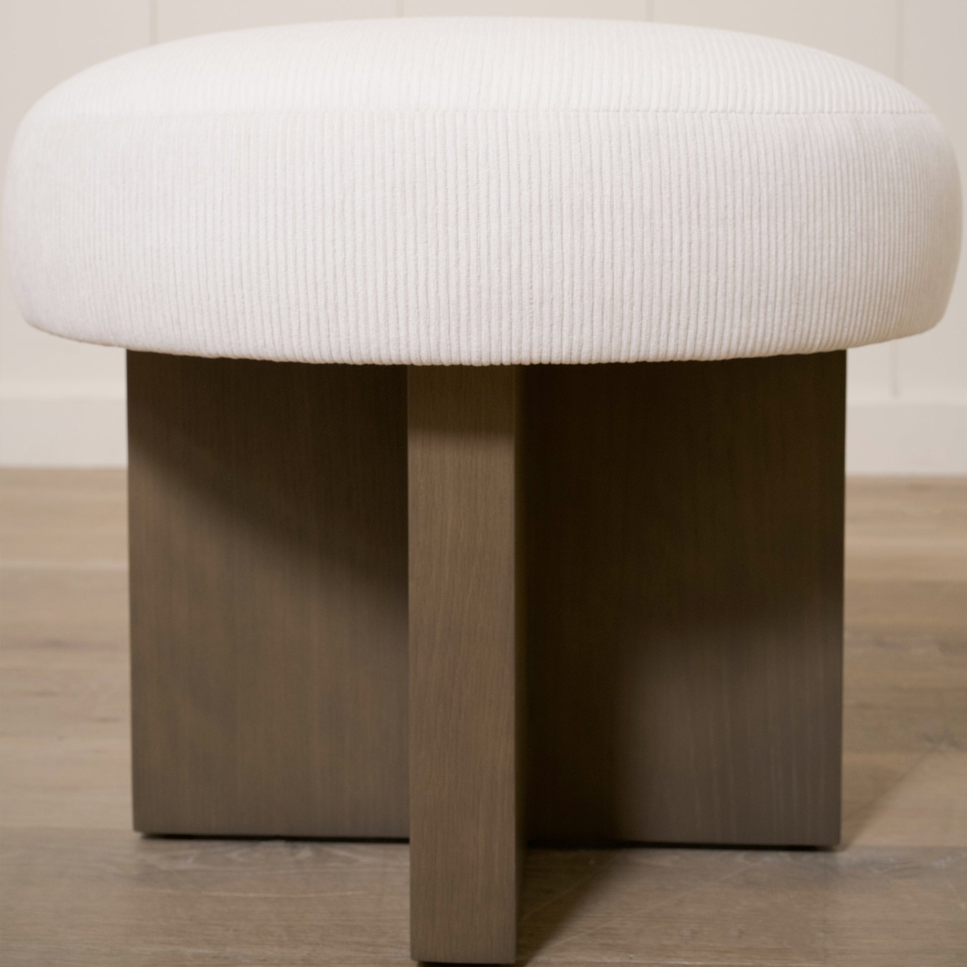 As Shown: 21"Dia x 19"H | Fabric: Mila Sugar | Material: Solid & Engineered Oak | Finish: Chestnut