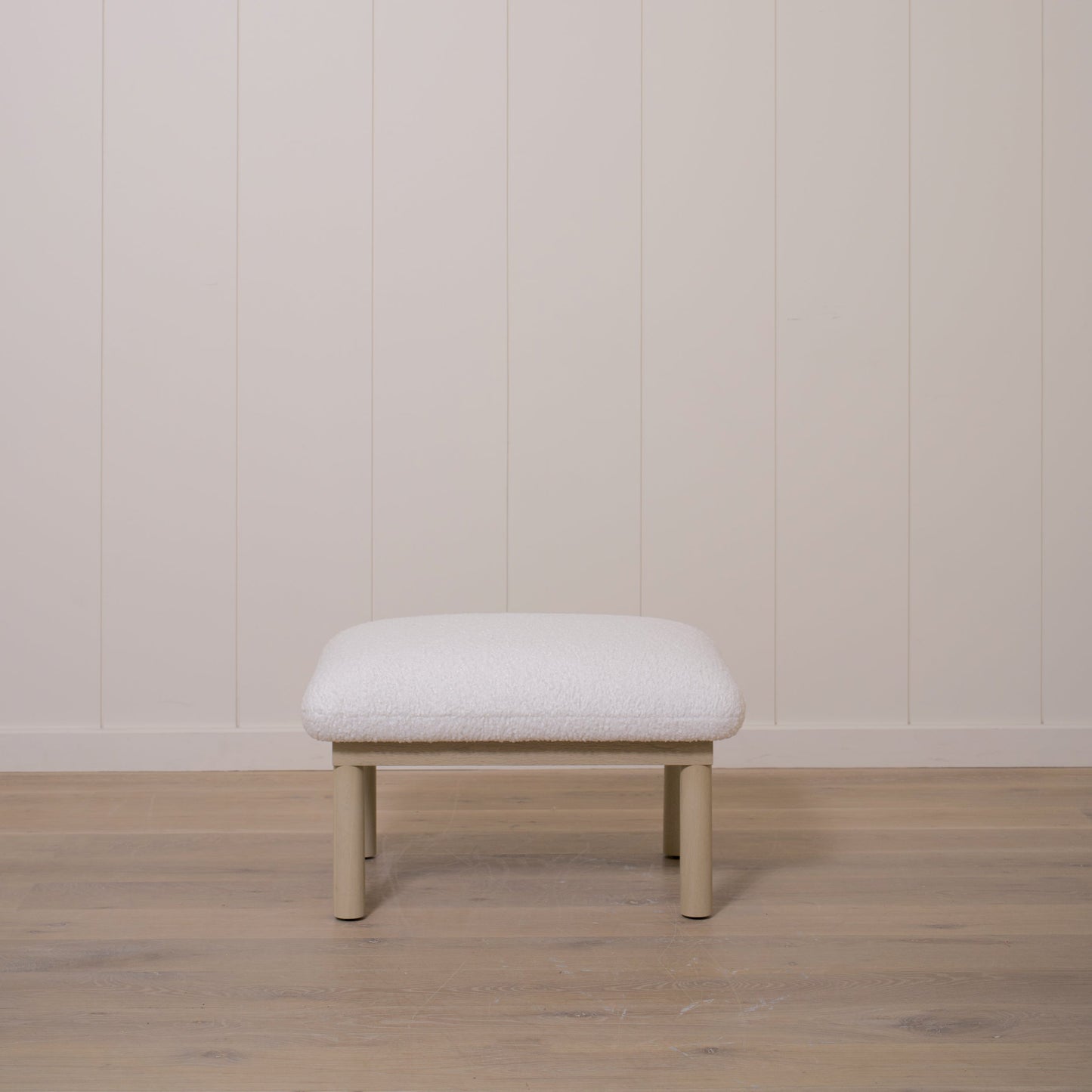 As Shown: 29"L x 22"H x 18"H | Fabric: Sheepskin White | Material: Solid & Engineered Oak | Finish: Sand