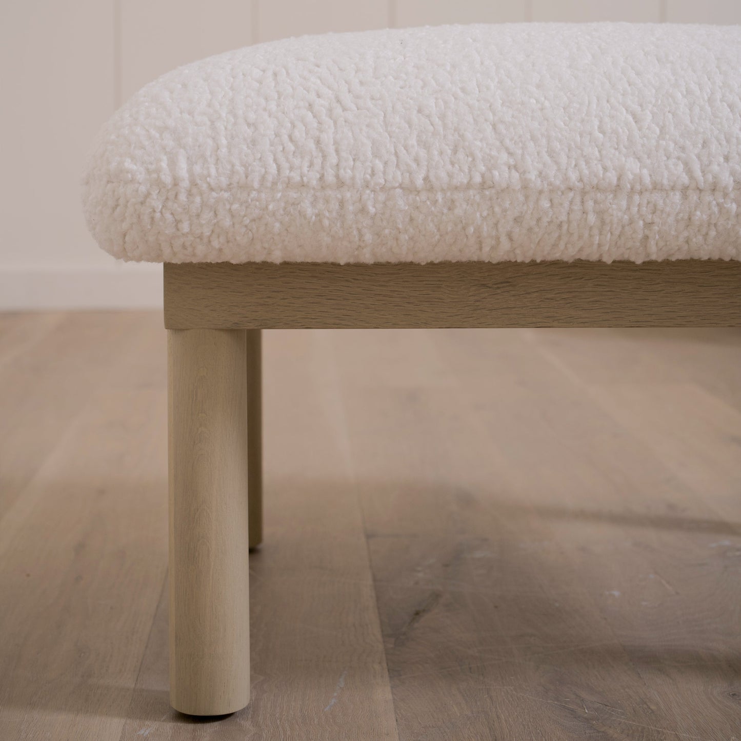 As Shown: 29"L x 22"H x 18"H | Fabric: Sheepskin White | Material: Solid & Engineered Oak | Finish: Sand